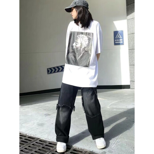 秋千坠牛仔裤女春秋新款时尚百搭高街美式欧美嘻哈宽松直筒学生破洞 1047 均码 s