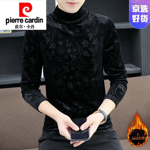 皮尔卡丹（pierre cardin）加绒男士半高领长袖恤打底衫金丝绒中高领男装社会人上衣体恤 693黑色 薄款 M