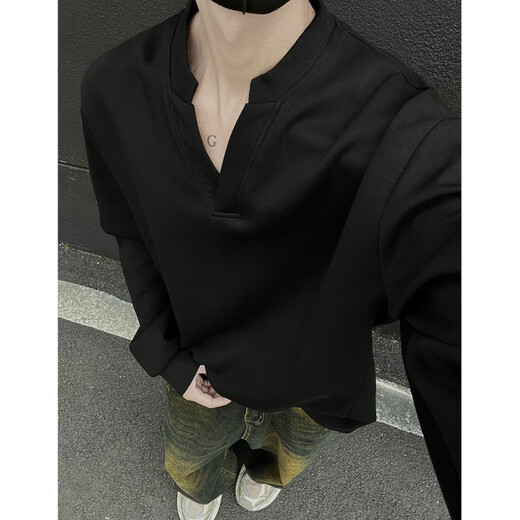 Pocket Henry collar sweatshirt for men in spring and autumn, new style, American trendy brand, simple casual inner layer, loose and handsome top, black XL