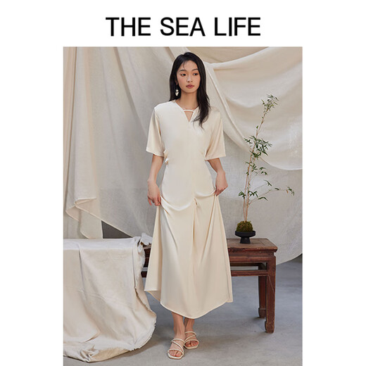 THE SEA LIFE欧海一生 法式优雅连衣裙女24夏季收腰显瘦暗纹提花连衣裙Y16817 杏仁白 M