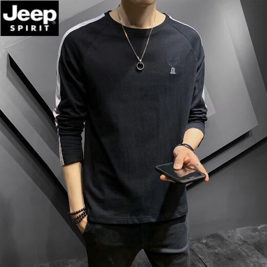 Jeep Spirit Cotton Herren-Langarm-T-Shirt 2025 Frühling und Herbst Neue Tops Trendy Lose Frühling und Sommer Dünnes inneres Basishemd DS643 White + DS692 White M (100-115jin [Jin gleich 0,5 kg]))