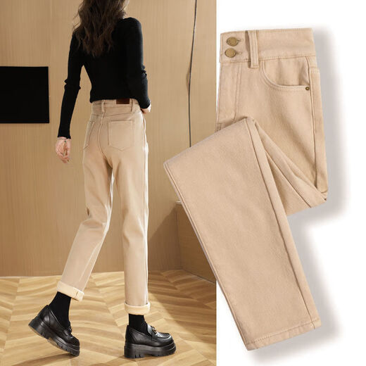 Star Eyebrows Baguette Women's Winter 2024 neue Samtjeans mit ganzjährig geradem breitem Khaki-Baumwollhosen verdickte Zigarette Khaki eine Schnalle [mit Velvet eingedickt] 13588 26 (80 bis 95 Jin [Jin gleich 0,5 kg]))