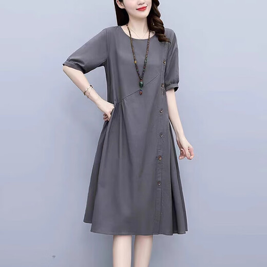 
XAE luxury high-end brand short-sleeved dress for women 2025 summer new round neck loose and fashionable age-reducing slimming skirt gray XL 125-135Jin [Jin equals 0.5 kg]