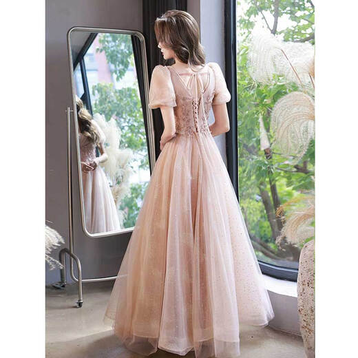 Seidler French evening dress 2025 new temperament light luxury niche high-end banquet host Bel Canto solo singer female light nude pink long style L (recommended 106-115 Jin Jin equals 0.5 kg)