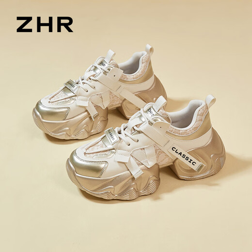 ZHR dad shoes for women retro thick sole heightened casual shoes for women light trendy comfortable women's shoes G677 gold 37