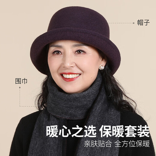 Hengyuanxiang middle-aged and elderly wool hats for women in autumn and winter, gift hats for mothers and grandmothers, warm basin hats, gift box, dark purple hat 1