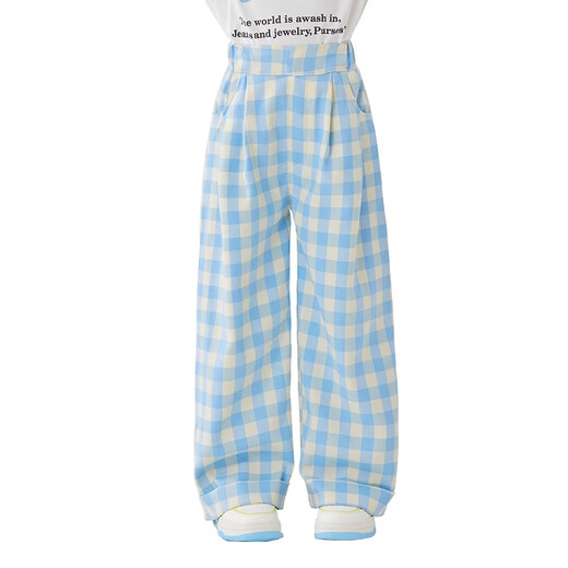 
moonkids girls blue plaid pants summer thin wide-leg pants 2025 new children girls pants summer casual straight two-pants [15266 blue +15266 pink] 140 cm