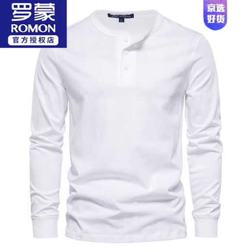 ROMON American retro long-sleeved Henry shirt spring and autumn T-shirt men's heavy cotton Ami khaki casual black loose top dark blue A501 long sleeve L 145-160Jin Jin equals 0.5 kg