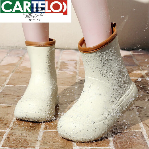 CARTELO Japanese fashion rain boots for women four seasons non-slip medium-tube water boots water boots short-tube rain boots car washing grocery shopping kitchen shoes rubber shoes beige [upgraded imported materials] 38 39
