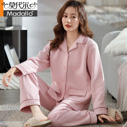莫代尔睡衣女春秋空气夹层加厚长袖纯棉开衫薄夹棉女式家居服套装 XP4839 XL