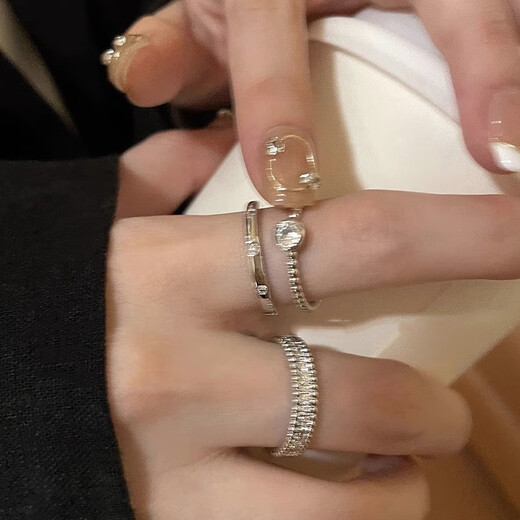 Daiyan plain zircon open ring set for women, niche design, high-end index finger ring, simple and cool style ring for students, plain zircon open ring three-piece set