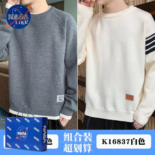 Nasalike Pullover Herren 2024 Frühling und Herbst Trendy Brand Top Kleider Runde Kragen Pullover Strickpullover Herbst und Winter Japanische Retro Jacke K16837 Weiß regulär M (spiritueller junger Mann)