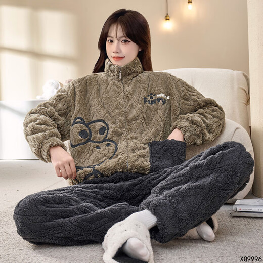 Jinzhiyan Winterkorallen Velvet Großgröße Pyjamas Frauen langärmeliges Flanell Reißverschluss plus Fett Plus-Größe Fett MM200jin [Jin entspricht 0,5 kg] Home Clothing XQ9934 vertikaler Bärenkette Velvet größere Version XL [140-160jin [Jin gleich 0,5 kg]]]]]