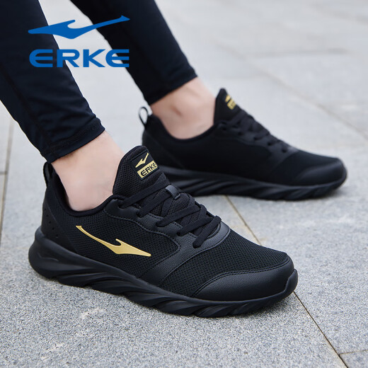 Hongxing Erke Men's Shoes Summer Light Sports Shoes Sports Men's Black No-Slip Woven Red Star Round Spote Spure Shops Mesh Casual zapatos casuales, Black/King Gold 3291 (malla de cuero) 42