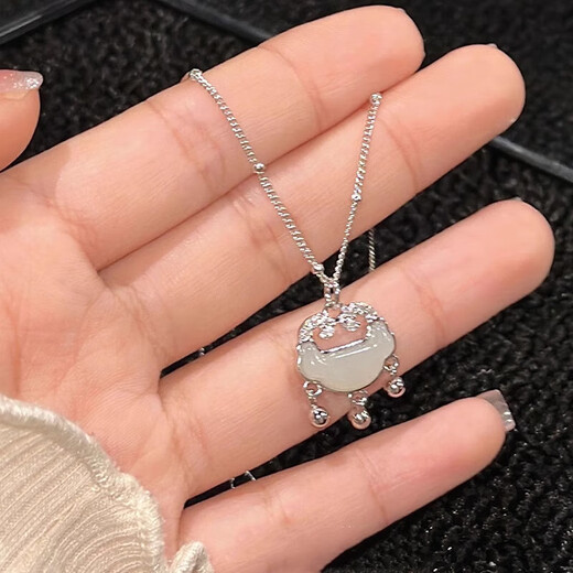 VTL Hotan Jade Safe Lock Sterling Silver Necklace Women's Silver Pendant Pure Silver Birthday Valentine's Day Christmas Gift Hotan Jade Silver Necklace Gift Box + Certificate