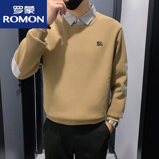 罗蒙（ROMON）翻领卫衣男加绒加厚假两件针织衫长袖2025新款秋冬款内搭针织衫 卡其色 WY1391  主图款 常规 M 建议115斤以内