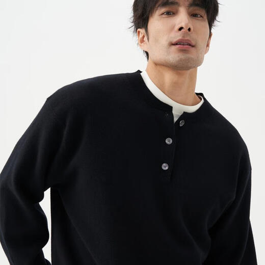 LEZORA Superfine Merino Wool Cashmere Autumn and Winter Loose Henley Neck Sweater for Men Black S