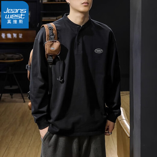 Jeanswest T-shirt men's autumn long-sleeved bottoming shirt simple business Henry collar spring and autumn loose men's casual top men white M suitable for 115-130Jin Jin equals 0.5 kg