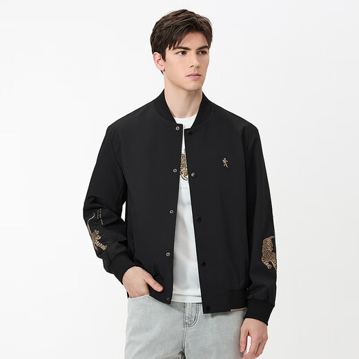 Dances with Wolves Tiger Logo Embroidery Men's Baseball Collar Jacket Easy Care and Versatile Jacket 001 Black L(175)
