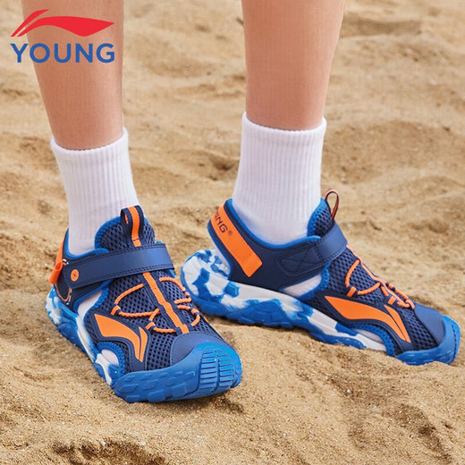 Li Ning children's sandals for boys, girls and middle-aged children in summer new Baotou sports non-slip bottom beach shoes for children, navy blue 35, inner length about 22.9cm, suitable for feet 21.9cm long