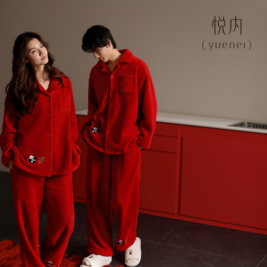 Yuenei red pajamas for wedding and newlyweds, autumn and winter coral velvet and thickened home clothes for men and women, zodiac year 34402 lucky red, men's 2XL (175) weight 140-160Jin Jin is equal to 0.5 kg