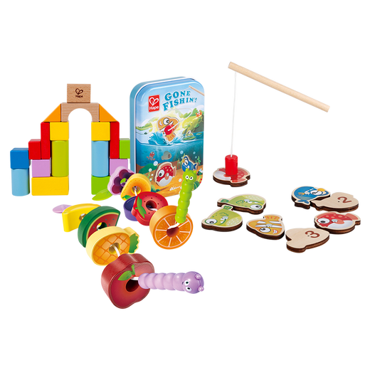 Hape Early Education Education Toys Wooden Building Blocks Beaded Fishing Toys Frogs Fucks Gifts Boys and Girls Children Gifts Dressing Music + Fishing Game Box + 20 Pieces of Building Blocks