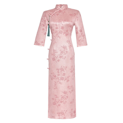 NUKM suede single layer long three-quarter sleeve daily cheongsam 2026 new improved spring and autumn Chinese style dress 6055 pink XL