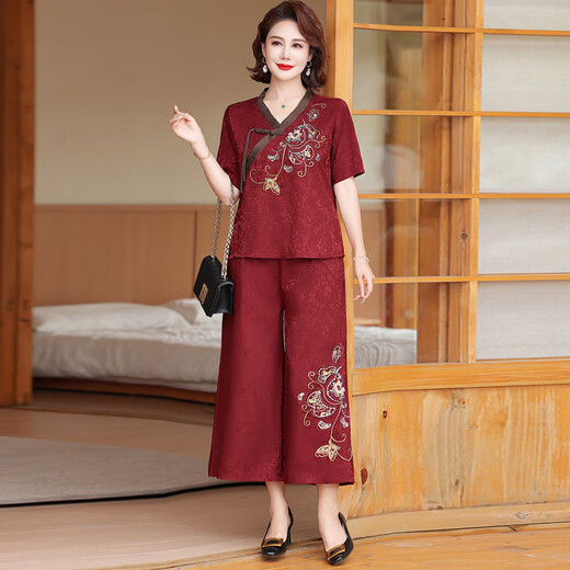 
Yu Zhaolin's mother's summer short-sleeved suit fashionable chiffon shirt 2025 new style middle-aged and elderly women's wide-leg pants and skirt two-piece set 698 purple suit 4XL Recommended 145-155Jin [Jin equals 0.5 kg]