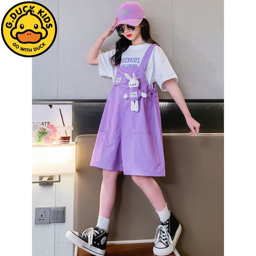 
G.DUCKKIDS little yellow duck girls summer overalls suit 2024 new style medium and large children fashionable children summer thin style short khaki rabbit strap suit 140 cm recommended height about 1 meter 3-1 meter 35