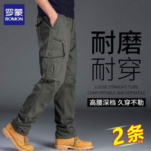 Luo Meng Overalls Men's Pure Cotton Autumn New Style Young and Middle-aged Pants Loose Straight Men's Casual Pants Outdoor Wear-Resistant Men's Pants J18 Dark Green Single Piece XL About 140-160 Jin Jin is equal to 0.5 kg
