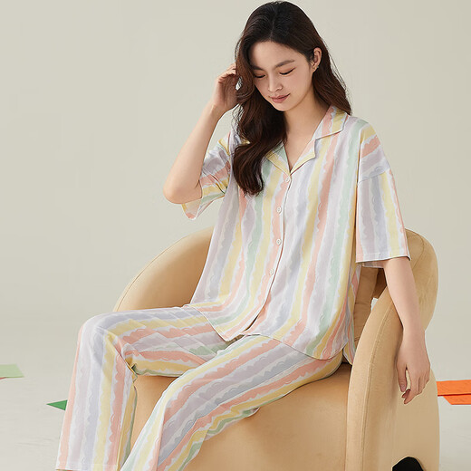 莫代尔睡衣女夏季100%纯棉短袖长裤春秋薄款条纹女士开衫甜美家居服 N1508[纯棉款] L码[建议100-120斤]