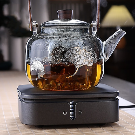 Quandu all-in-one steaming teapot black tea white teapot high temperature open flame thickened glass teapot Ginkgo leaf Xiangyun teapot smoke gray 1000ml
