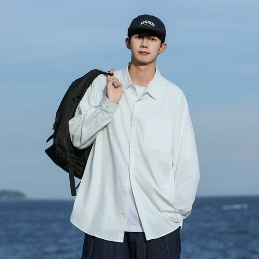 顶峰保罗（Dingfengbaoluo）日系纯色简约长袖衬衫男春秋休闲叠穿高级翻领外套DFC02白色L