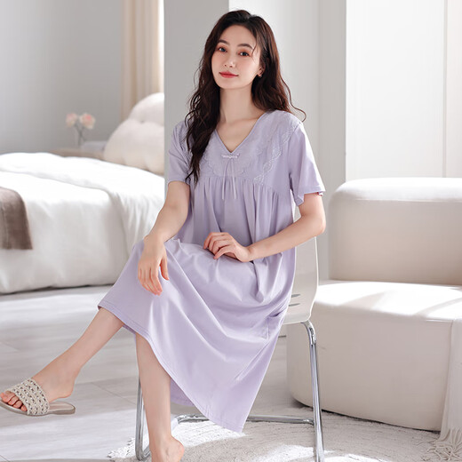 浪莎（LangSha）睡裙女夏季纯棉薄款短袖带胸垫家居服女士甜美公主风可外穿连衣裙 701芋紫（带胸垫） XXL【170-175cm/140-170斤】