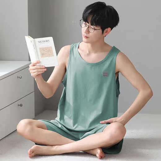 浪莎莫代尔睡衣男背心夏季薄款青年大码休闲家居服可外穿2件短裤套装 12027 2XL 建议140-160斤