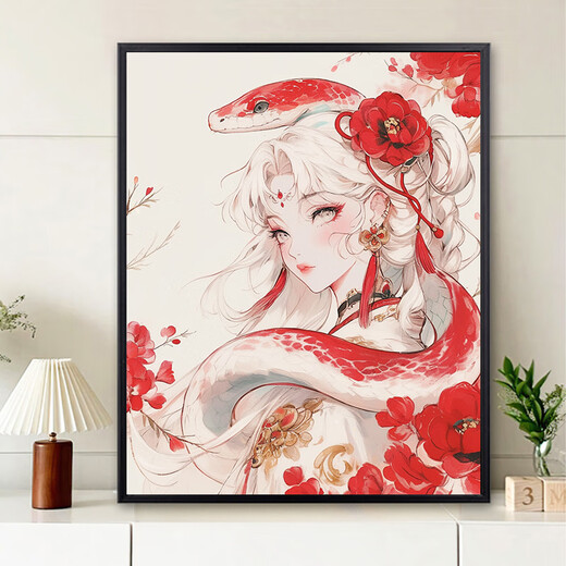 TVAJdiy钻石画填充满钻国潮新中式蛇年新年少女手工带框装饰画 YJ13533 圆钻-画布70X90厘米+工具