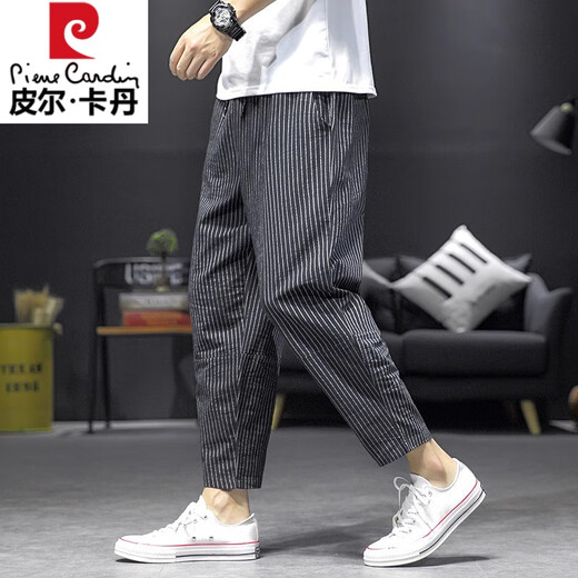 皮尔卡丹（pierre cardin）国风条纹棉麻男士裤子夏季轻薄宽松九分裤复古直筒哈伦亚麻休闲裤 灰色 XL 【适合135-145斤】