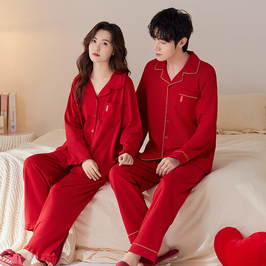 Han Cai Pajamas Women's High-End Pure Cotton Year of the Horse Zodiac Year Women's Wedding New Year Red Couple Pajamas Set Rose Red XXL