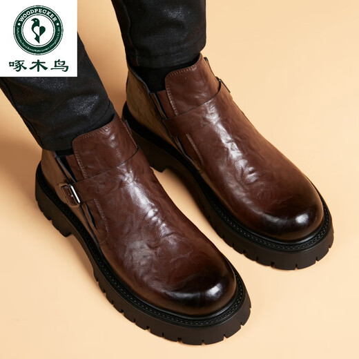 Woodpeckers neue Martin -Stiefel Männer echtes Leder dicker alleiniger britischer Stil Low Top Chelsea Short Stiefel Lederstiefel Retro High Top Lederschuhe Brauner regulärer Stil 38 (150 mm)