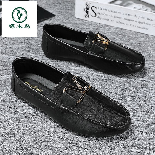 Zapatos de gorro de carpintero de carpintero Autumn and Winter Fashion Shoes de cuero zapatos casuales de hombres British Lazy Trend Zapatos versátiles para hombres 882 Negro 39