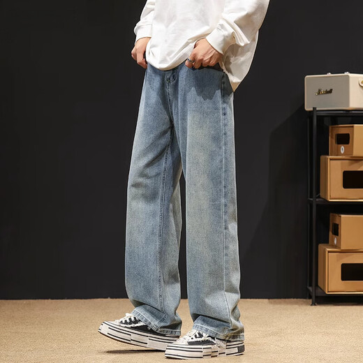 
FOG SKY American retro jeans men's summer trendy brand straight-leg pants loose casual wide-leg pants men XY-NZK8374 blue XL (recommended 130-145 Jin [Jin equals 0.5 kg])