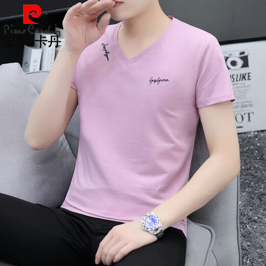 皮尔卡丹（pierre cardin）V领短袖男士夏季薄款打底衫翻领男士品牌半袖潮鸡心领上衣男装 蓝灰色 659款 XL 125-145斤