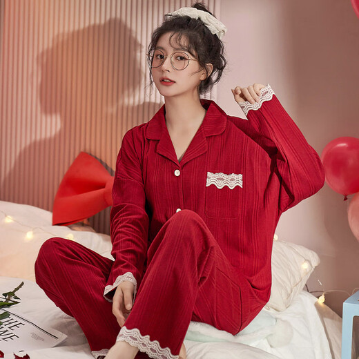 Bo Naling Pajamas Couple One Man One Woman Wedding Cardigan Long Sleeve Long Pants Couple Pajamas Red Couple Outfit Set Home Clothes Couple Pajamas Simple Red Women's L