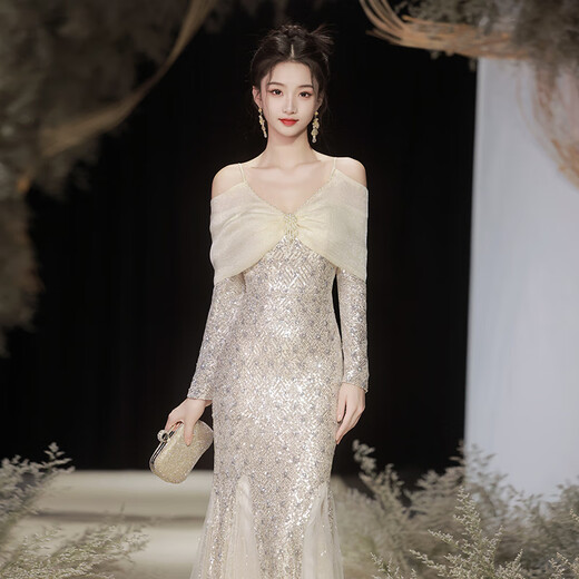 H-Ked-Kleid für Frauen Bankett Abendkleid mit High-End-etwas fett schwerer Industrie spät sensible High-End Light Luxury Nischengeschenke für Erwachsene Moderatorin Jahrestagung Kyogin Ärmeln XL