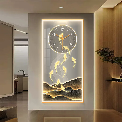 蓝迪莺现代轻奢九鱼图玄关装饰画钟表挂钟客厅走廊过道挂画创意时钟壁灯 SXS3524 50*100cm竖款+钢化膜镜面