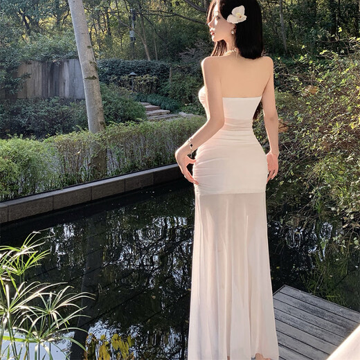 White dress for women, high-end summer seaside wear, beach skirt, holiday bag hip skirt, long skirt, pure desire, seaside flower tube top mesh dress S recommended 90Jin Jin is equal to 0.5 kg or less