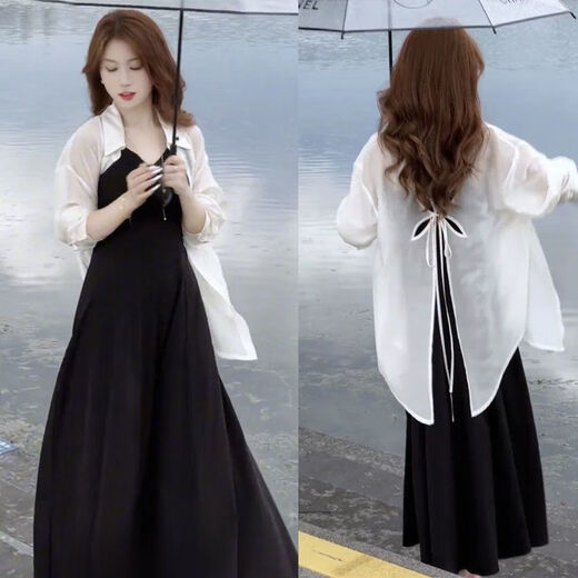 Question floating black suit for women summer fashion two-piece temperament fashionable skirt 2024 summer new temperament sunscreen J683 gray XL [suggested 115130Jin [Jin equals 0.5 kg]]