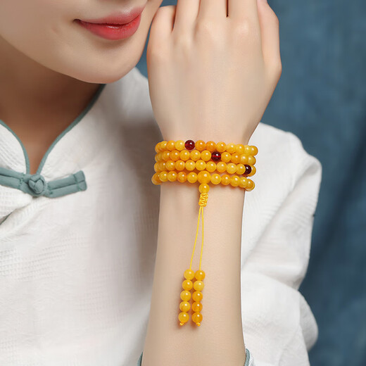 Shi Yuji selects yellow honey, chicken fat, yellow old beeswax, amber single circle bracelet for men and women, 108 beads bracelet with certificate, chicken oil yellow pretty color single circle 14mm*15 beads