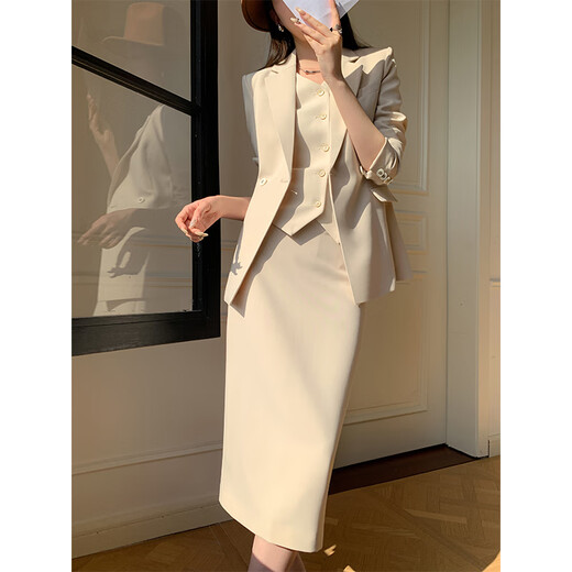Sugargirl spring and autumn small suit suit women's professional temperament commuting host formal vest new high-end suit jacket off-white suit + vest + skirt three-piece set L