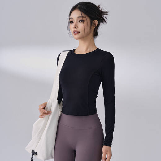 LULULOMDDW fitness girl yoga wear with chest pad, hollow beautiful back sports top, high-end Pilates tight training long sleeves, black L